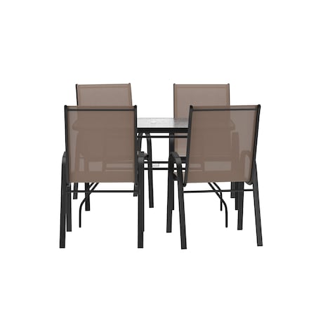 Flash Furniture Brazos 5 Piece Patio Set w/Tempered Glass Patio Table w/4 Chairs w/Brown Material Seats and Backs FV-120B-303CB-GG